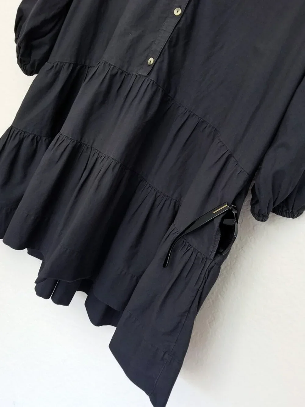 Free People Black Misha Mini Dress Size M Poplin 100% Cotton Tiered Babydoll